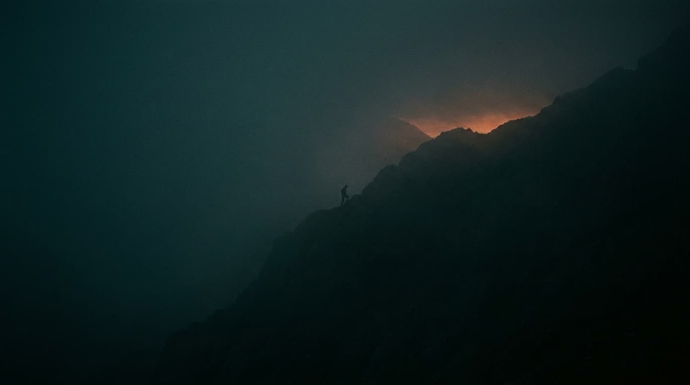 Einsamer Bergsteiger im Morgengrauen